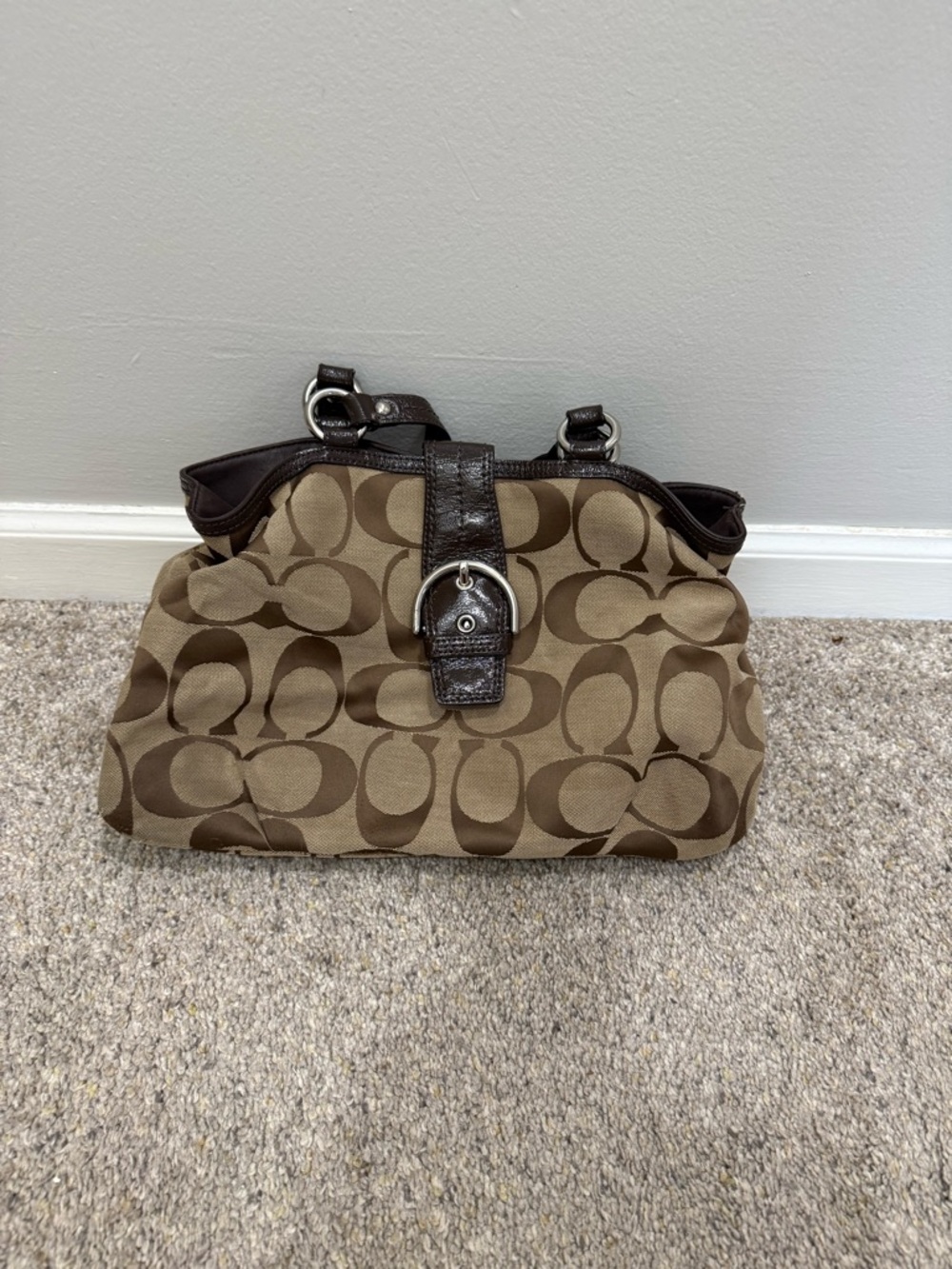 Coach Canvas Signature Satchel in Tan and Dark Brown